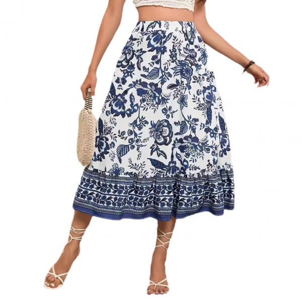 Bohemian Blue And White Porcelain Printed A- Line Skirt