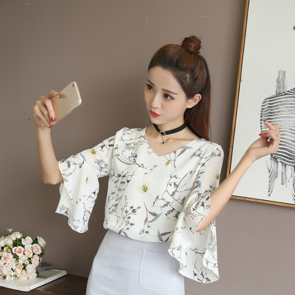 Summer Small Fresh Floral Short-Sleeved Chiffon Shirt New Korean Chiffon Super Fairy Trumpet Sleeve T-Shirt Top Women