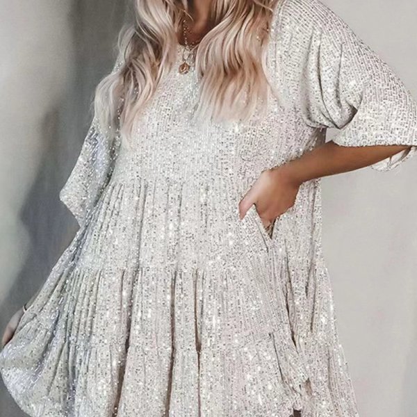 Fashionable Sequins Round Neck Loose Waist Short Sleeves And Skirt Dress